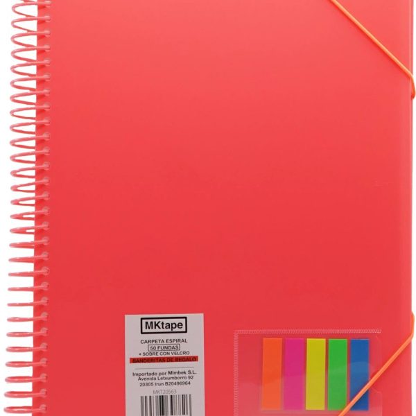 CARPETA ESPIRAL FOLIO 50 FUNDAS 0,9 MICRAS CON GOMAS + BANDERITAS CORAL NEONMKTAPE